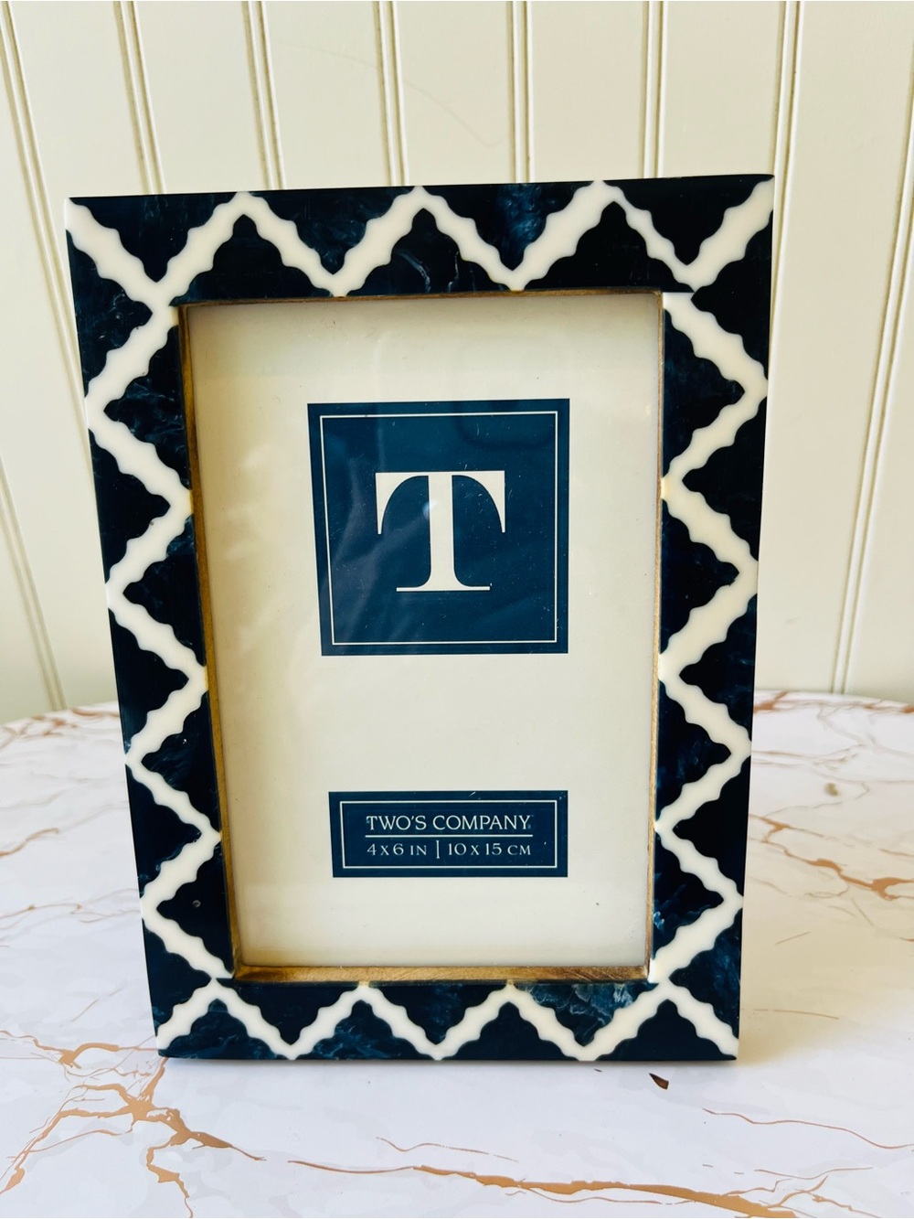 TWO’S COMPANY INDIGO RESIN AND WOOD INLAY PHOTO FRAME | 4x6 | NAVY/WHITE | NEW